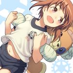  bad_id bad_pixiv_id bandages bandaid bangs black_shorts blush boko_(girls_und_panzer) brown_eyes brown_hair carrying cowboy_shot dutch_angle emblem gears girls_und_panzer gym_shirt gym_shorts gym_uniform looking_back navel nishizumi_miho ooarai_(emblem) open_mouth pairan piggyback shirt short_hair short_shorts shorts single_vertical_stripe smile solo standing stuffed_animal stuffed_toy sweat teddy_bear white_shirt 