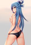  aqua_(konosuba) artist_name ass black_panties blue_hair breasts covering_nipples cowboy_shot from_behind hair_ornament hair_rings highres kono_subarashii_sekai_ni_shukufuku_wo! long_hair looking_at_viewer looking_back medium_breasts panties parted_lips simple_background solo standing tony_guisado topless underwear 