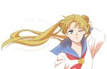  adjusting_hair arm_up bangs bishoujo_senshi_sailor_moon blonde_hair blue_eyes blue_sailor_collar brooch double_bun floating_hair jewelry long_hair mame_jakku one_eye_closed parted_bangs sailor_collar sailor_collar_lift school_uniform serafuku solo tsukino_usagi twintails upper_body white_background wince wind 
