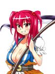  bad_id bad_pixiv_id blush breasts cleavage collarbone grin hair_bobbles hair_ornament highres japanese_clothes large_breasts long_hair looking_at_viewer onozuka_komachi over_shoulder puffy_short_sleeves puffy_sleeves red_eyes red_hair scythe short_sleeves smile solo touhou try tsurime two_side_up upper_body weapon weapon_over_shoulder white_background 