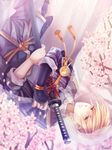  blonde_hair blue_eyes cherry_blossoms hood katana male_focus parted_lips solo sword toki_runa touken_ranbu upside-down weapon yamanbagiri_kunihiro 