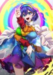  1girl :d aura bangs blue_eyes blush breasts cape commentary_request cowboy_shot fingernails hair_between_eyes highres large_breasts long_sleeves looking_at_viewer multicolored_clothes multicolored_hairband nail_polish open_mouth patchwork_clothes pointing pointing_down pointing_up pouch purple_hair rainbow_order red_button red_nails rihito_(usazukin) short_hair sky_print smile solo sparkle standing teeth tenkyuu_chimata tongue touhou upper_teeth white_cape zipper_pull_tab 
