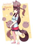  :3 absurdres adapted_costume animal animal_ears animal_on_head bare_shoulders barefoot brown_hair casual character_name hair_between_eyes highres imaizumi_kagerou long_hair looking_up mujib on_head red_eyes short_sleeves shorts solo standing tail touhou wolf_ears wolf_tail 