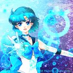  bangs bishoujo_senshi_sailor_moon blue blue_bow blue_choker blue_eyes blue_hair blue_sailor_collar bow bubble choker earrings elbow_gloves foreshortening gloves jewelry looking_at_viewer mercury_symbol mizuno_ami outstretched_hand parted_bangs parted_lips sailor_collar sailor_mercury sailor_senshi_uniform short_hair signature solo stud_earrings white_gloves yonyon_(wedding83) 