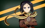  bandage_on_face black_hair brave_witches crossed_arms gloves jatts kanno_naoe military military_uniform purple_eyes scarf short_hair simple_background solo uniform world_witches_series 