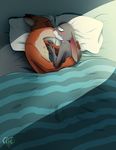  2016 anthro bed bedding blanket blush canine disney duo eyes_closed female fox fur grey_fur guinefurrie judy_hopps kissing lagomorph long_ears male male/female mammal nick_wilde on_bed orange_fur pillow rabbit zootopia 