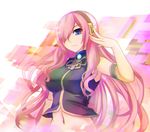  blue_eyes commentary_request detached_sleeves hair_over_one_eye headphones headset highres long_hair looking_at_viewer megurine_luka midriff pink_hair solo very_long_hair vocaloid yashichii 