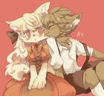  1boy 1girl artist_request blonde_hair brown_eyes cat eyes_closed furry inumimi-syndrome licking long_hair red_eyes short_hair tears 