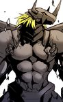  abs alasurth anthro armor blackwargreymon clothed clothing clothing_damage digimon dragon hair helmet horn monochrome muscular pecs scalie simple_background solo standing topless white_background yellow_eyes 