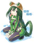  :&gt; asui_tsuyu bangs belt between_legs blush bodysuit boku_no_hero_academia breasts character_name flippers frog_girl from_above full_body gloves goggles goggles_on_head green_bodysuit green_hair hair_between_eyes hair_rings hand_between_legs long_hair long_sleeves long_tongue looking_to_the_side low-tied_long_hair medium_breasts mimi_(mimi_puru) monster_girl solo squatting tongue tongue_out unitard very_long_hair wetsuit white_background white_gloves 