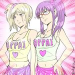  2girls 3mm blonde_hair cleavage earrings gintama glasses jewelry long_hair multiple_girls ponytail purple_eyes purple_hair sarutobi_ayame scar smile tsukuyo tsukuyo_(gintama) 