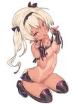  :d arched_back areola_slip areolae bikini_lift black_ribbon blade_(galaxist) blonde_hair blush boots breasts choker collarbone frilled_cuffs from_above full_body hair_ribbon hairband head_tilt holding_bikini_top holding_strap large_breasts lifted_by_self long_hair looking_at_viewer looking_up midriff miniskirt navel one-piece_swimsuit open_mouth pointy_ears purple_footwear purple_skirt red_eyes ribbon simple_background skirt smile solo stomach swimsuit tan thigh_boots thighhighs tsurime undressing white_background wrist_cuffs 