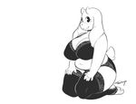  2016 anthro big_breasts black_and_white blush boss_monster bra breasts caprine clothed clothing female goat horn huge_breasts kneeling legwear long_ears looking_at_viewer mammal monochrome navel panties paws solo toriel tsudanym undertale underwear video_games 