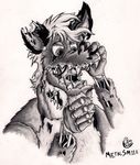  2016 animatronic anthro beard claws damaged death duo facial_hair five_nights_at_freddy&#039;s five_nights_at_freddy&#039;s_3 front_view fur grin hi_res human hyena lagomorph machine male male/male mammal metalsmile monochrome open_mouth paws robot sharp_teeth simple_background standing teeth traditional_media_(artwork) video_games white_background wires 