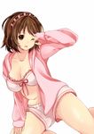  breasts brown_eyes brown_hair cleavage hand_over_eye headband highres hood hoodie idolmaster idolmaster_cinderella_girls large_breasts long_sleeves mimura_kanako navel obybuss one_eye_closed open_clothes open_hoodie short_hair shorts solo 