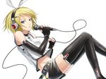  bare_shoulders belt black_gloves black_legwear black_shorts blonde_hair blue_eyes blue_nails breasts cable collar elbow_gloves fingerless_gloves fingernails from_side gloves groin hair_ribbon hairband headphones holding holding_microphone kagamine_rin knees_up lips long_fingernails looking_at_viewer microphone midriff nail_polish navel parted_lips ribbon shirt short_hair short_shorts shorts sitting sleeveless sleeveless_shirt small_breasts solo stomach sugi_214 teeth thighhighs thighs vocaloid white_ribbon white_shirt 