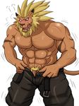  abs anthro blush clothed clothing colored digimon feline leomon lion looking_at_viewer male mammal muscular open_pants pants_being_undone pecs penis pubes simple_background undressing white6000 white_background 