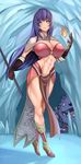  abs bad_anatomy bangs boots breasts cleavage closed_mouth covered_nipples creature eyebrows eyebrows_visible_through_hair fire full_body gloves hair_between_eyes heart heart_eyes heterochromia highres holding hoshara ice large_breasts light_smile long_hair mage_(ragnarok_online) magic midriff navel o-ring peeking_out pelvic_curtain purple_eyes purple_hair ragnarok_online solo_focus standing stomach toned 