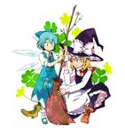  blonde_hair blue_eyes blue_hair boots bow braid broom cirno clover flower four-leaf_clover full_body hair_bow hat ice ice_wings kirisame_marisa mary_janes multiple_girls natsume_(menthol) shoes simple_background sitting smile touhou wings witch_hat yellow_eyes 