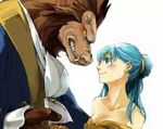  1boy 1girl aqua_eyes aqua_hair artist_request bare_shoulders beast_(disney) beast_(disney)_(cosplay) beauty_and_the_beast belle_(disney) belle_(disney)_(cosplay) blush bulma collarbone cosplay couple disney dragon_ball dragonball_z dress earrings eye_contact fang jewelry long_hair looking_at_another monster neck off-shoulder_dress parody smile upper_body vegeta yellow_dress 