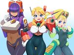  :o alia_(rockman) android arm_cannon armor bangs blonde_hair blue_eyes blunt_bangs bodysuit breasts cameltoe clenched_hand contrapposto covered_nipples cowboy_shot dark_skin flat_chest gloves hair_ornament hair_over_eyes hand_on_hip hime_cut konboi-eg large_breasts layer long_hair looking_at_viewer multiple_girls palette_(rockman) purple_hair robot_ears rockman rockman_x rockman_x8 skin_tight smile standing swept_bangs thigh_gap twintails underboob v-shaped_eyebrows weapon white_gloves 