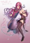  2016 cello chair cian_yo closed_eyes dated full_body highres instrument long_hair megurine_luka megurine_luka_(vocaloid4) music musical_note pink_hair playing_instrument quarter_note sitting solo thighhighs treble_clef v4x very_long_hair vocaloid 