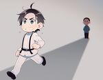  ahoge aqua_eyes arms_behind_back belt black_eyes black_hair blurry blurry_background chibi clenched_hands clenched_teeth dual_persona furrowed_eyebrows glaring grey_background hirasawa_susumu kiri_futoshi male_focus messy_hair multiple_boys p-model pants running shaded_face shirt shoes simple_background suspenders sweat sweating_profusely teeth 