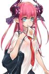  alternate_costume asymmetrical_horns bag bangs blue_eyes bra claws contemporary dress_shirt elizabeth_bathory_(fate) elizabeth_bathory_(fate)_(all) fate/extra fate/extra_ccc fate_(series) food food_in_mouth hair_ribbon highres horns long_hair macaroni_tamago mouth_hold necktie pink_hair pointy_ears ribbon school_uniform see-through shirt short_sleeves shoulder_bag skirt solo toast toast_in_mouth two_side_up underwear upper_body wing_collar 