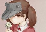  bad_id bad_pixiv_id brown_eyes brown_hair expressionless flower holding holding_flower japanese_clothes kantai_collection kariginu looking_at_viewer magatama nemubusoku one_eye_covered portrait ryuujou_(kantai_collection) smelling_flower solo twintails visor_cap 