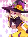  :o argyle argyle_background blonde_hair bow capelet dress food food_themed_hair_ornament fruit gloves grapes hair_ornament halloween hand_on_headwear hat jack-o'-lantern koto_(colorcube) lace long_hair melona_(koto) orange_dress orange_eyes original pumpkin pumpkin_hair_ornament purple_background solo witch witch_hat 