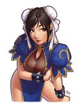  black_hair bracelet breast_hold breasts brown_eyes bun_cover china_dress chinese_clothes chun-li cleavage double_bun dress jewelry large_breasts leaning_forward pelvic_curtain signature smile solo spiked_bracelet spikes street_fighter warren_louw 