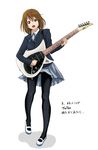  blazer brown_eyes brown_hair guitar hair_ornament hairclip hirasawa_susumu hirasawa_yui instrument jacket k-on! legs osuzu_akiomi pantyhose parody real_life real_life_insert school_uniform shoes short_hair solo translation_request upskirt uwabaki 