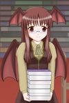  bat_wings bespectacled book brown_hair carrying dress glasses head_wings holding holding_book kingindou_yumeji koakuma library long_hair red_eyes red_hair scarf smile solo touhou voile wings 