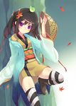  ajirogasa black_hair hat japanese_clothes kimono leaf leaning_back maple_leaf minamura_haruki original purple_eyes short_kimono solo striped striped_legwear thighhighs twintails yukata 