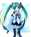  aqua_eyes aqua_hair bad_id bad_pixiv_id collaboration colorized detached_sleeves gotou_nao hands hatsune_miku headset highres long_hair necktie outstretched_arm outstretched_hand reaching skirt solo thighhighs twintails very_long_hair vocaloid yudesoba zettai_ryouiki 