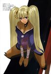  bandages blonde_hair breasts choker cleavage dark_skin highres himawari! himeji japanese_clothes jewelry large_breasts long_hair morii_shizuki necklace off_shoulder purple_eyes solo straddling translation_request twintails very_long_hair 
