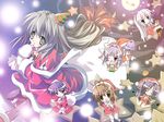  6+girls bow christmas clannad dango_daikazoku everyone fujibayashi_kyou fujibayashi_ryou furukawa_nagisa gift hair_bow ibuki_fuuko ichinose_kotomi instrument long_hair low-tied_long_hair moon multiple_girls okazaki_tomoya paco pantyhose sakagami_tomoyo santa_costume siblings sisters starfish twins violin 