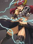  armor breasts claudette_(queen's_blade) cleavage helmet highres large_breasts nigou open_mouth queen's_blade red_hair revealing_clothes solo sword thighhighs weapon wince 