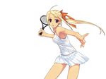  blonde_hair bow highres long_hair murakami_suigun ponytail red_eyes short_skirt skirt tennis white 