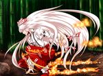  bad_id bad_pixiv_id bamboo bamboo_forest daizu_(daizubatake) fire forest fujiwara_no_mokou hair_ribbon long_hair nature red_eyes ribbon solo touhou white_hair 