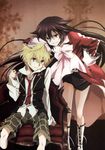  1girl absurdres alice_(pandora_hearts) blonde_hair boots braid brown_hair chair green_eyes highres long_hair mochizuki_jun necktie official_art oz_vessalius pandora_hearts purple_eyes ribbon sitting smirk very_long_hair 