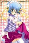  absurdres animal_ears apron bashamichi blue_eyes blue_hair cat_ears cat_tail checkered checkered_background glasses hakama highres japanese_clothes lolita_fashion maid_headdress purple_hakama shigunyan skirt skirt_lift tabitha tail teapot thighhighs wa_lolita white_legwear yagasuri zero_no_tsukaima 