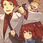  2girls beatrice blonde_hair blue_eyes blush bow brother_and_sister frills hair_bobbles hair_ornament hanokage jacket multiple_girls necktie red_hair siblings umineko_no_naku_koro_ni ushiromiya_ange ushiromiya_battler 