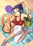  23_(real_xxiii) bandeau belt blue_eyes blush breasts camera capri_pants cellphone cellphone_camera cellphone_picture cleavage crop_top dog happy highres large_breasts midriff original pants phone purple_hair self_shot shoes sneakers solo strapless tubetop 