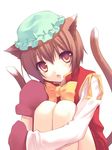  animal_ears brown_hair cat_ears cat_tail chen fang hat highres leg_hug mittens multiple_tails nana_mikoto short_hair sitting solo tail touhou yellow_eyes 