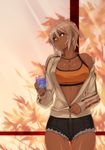  23_(real_xxiii) athletic blonde_hair breasts cleavage dark-skinned_girl_(23) dark_skin denim denim_shorts drink highres jacket jewelry large_breasts necklace off_shoulder orange_eyes original shiny shiny_skin short_hair short_shorts shorts solo sports_bra tan unzipped unzipping 