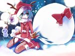  antlers blue_eyes blue_hair boots christmas cirno fishnet_legwear fishnets hat highres no_panties sack santa_boots santa_costume santa_hat short_hair sitting smile solo thighhighs touhou ushiki_yoshitaka wariza 