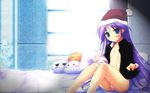  :3 alternate_eye_color aqua_eyes blush christmas hair_spread_out happiness! hat highres ko~cha long_hair long_sleeves male_focus nipples omnidevil otoko_no_ko panties pantyshot pantyshot_(sitting) pink_panties purple_hair santa_hat sitting smile solo third-party_edit underwear wallpaper watarase_jun 