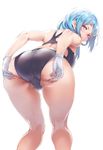  afukuro ass bad_id bad_pixiv_id bent_over blue_hair breasts cameltoe competition_swimsuit from_behind gakuen_taisen_valkyries gloves hair_ornament hairclip highres kneepits large_breasts long_hair looking_at_viewer looking_back maria_pasternak one-piece_swimsuit parted_lips purple_eyes simple_background smile solo spread_ass swimsuit thighs trefoil white_background white_gloves 