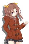  ahoge brown_hair coat commentary_request cowboy_shot duffel_coat eyebrows_visible_through_hair hair_ribbon hand_in_pocket highres hood hood_down kagerou_(kantai_collection) kantai_collection long_hair long_sleeves looking_at_watch moku_(kosokoso80114) no_gloves purple_eyes ribbon shadow simple_background skirt solo twintails waiting watch white_background 